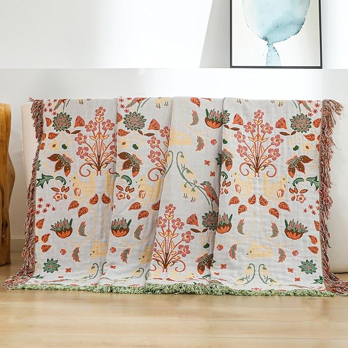 Boho Throw Blanket for Bed, 100% Cotton Ultra Soft Rustic Quilt King Blanket Florals and Animals Printed Farmhouse Decor Large Bed Blankets,90"×98" All Season Rustic Throw for Sofa Couch Chair-Ruum Studio Home