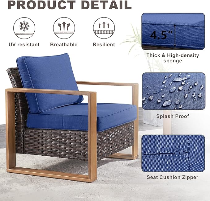 Outdoor Wicker Patio Furniture Set - 5 Piece Patio Conversation Set with 2 Wicker Armrest Chairs,2 Rattan Ottoman, 1 Side Table, Sturdy Frame, Thick Cushions, Deep Seating(Brown/Blue)-Ruum Studio Home