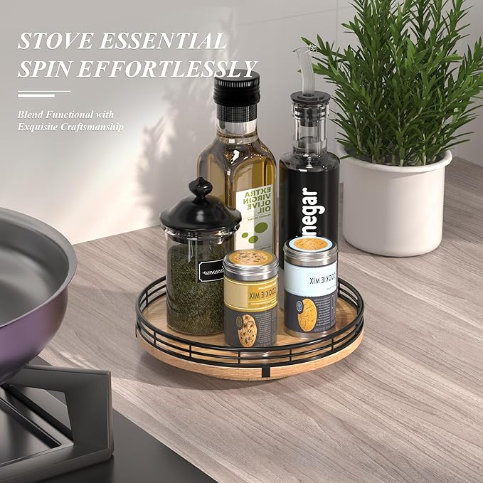 9" Oak Wood Lazy Susan Turntable Organizer for Cabinet, Round Wooden Farmhouse Lazy Susan Organization and Storage for Dining Table, Pantry, Kitchen, Countertop, Cupboard,Home Decor-Ruum Studio Home