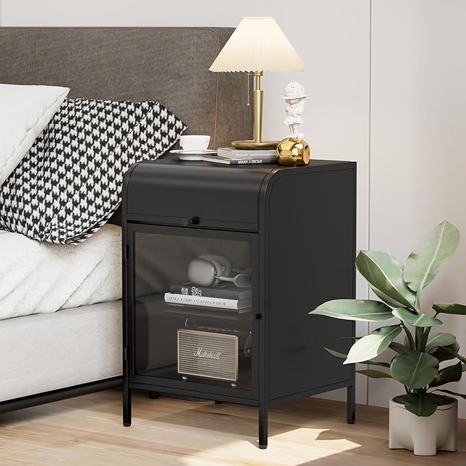 Modern Metal Side Tables Set of 2, End Tables with Glass Door, 2-Tier Nightstands with Storage Shelves, Accent Table, Slim Sofa Table for Living Room, Bedroom (Black)-Ruum Studio Home