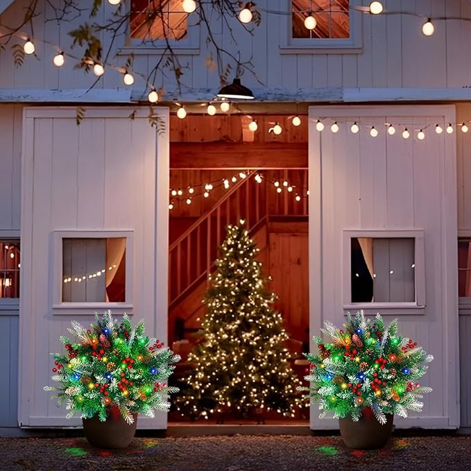 2 Pack Lighted Artificial Christmas Urn Filler, Battery Operated Pre-lit Xmas Pine Trees, Tripod Stake and 60 LED Lights, Holiday Porch Decorations for Porch, Yard, Garden, Flower Beds（Multicolor）-Ruum Studio Home