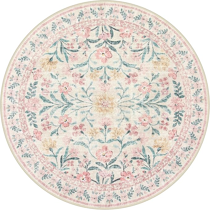 Wonnitar Washable Round Rugs 6ft, Pink Floral Circle Rug Large Round Carpet for Bedroom, Boho Soft Ultra-Thin Circular Carpets for Kids Playroom Living Room Nursery-Ruum Studio Home