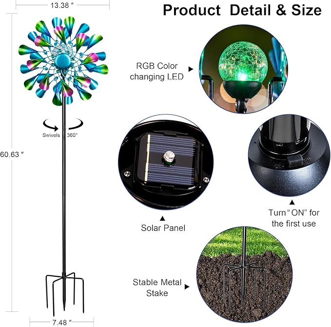 60'' Wind Spinner with Color Glass Ball Solar Lights, Green Peacock Feathers Metal Garden Outdoor Decor Yard Lawn Art Decor for Patio Kinetic Windmills Unique Gifts for Friends and Family-Ruum Studio Home