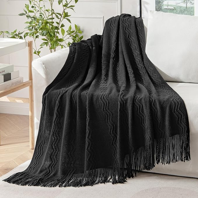 MIULEE Black Knitted Throw Blanket for Couch Textured Knit Blanket with Tassels Cozy Woven Boho Bed Blanket for Sofa Bed Chair Acrylic Wave Pattern 50"x60"-Ruum Studio Home