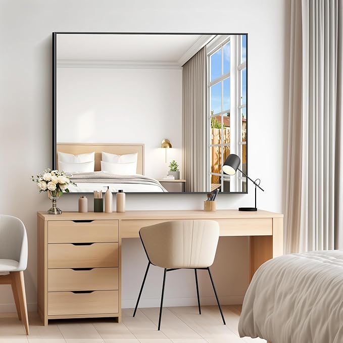 40x48inch Black Bathroom Mirror, Black Rectangle Mirror with Frame, Large Rectangular Wall Mirrors for Bathroom, Living Room, Hair Salon, Big Farmhouse Mirror Hang Horizontal/Vertical-Ruum Studio Home