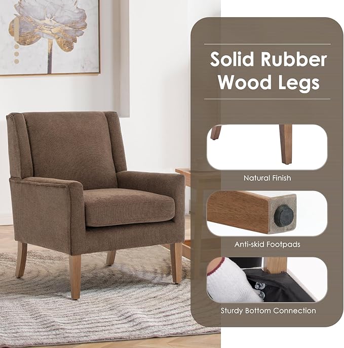 COLAMY Modern Wingback Living Room Chair, Upholstered Fabric Accent Armchair, Single Sofa Chair with Lounge Seat and Wood Legs for Bedroom/Office/Reading Spaces, Brown-Ruum Studio Home