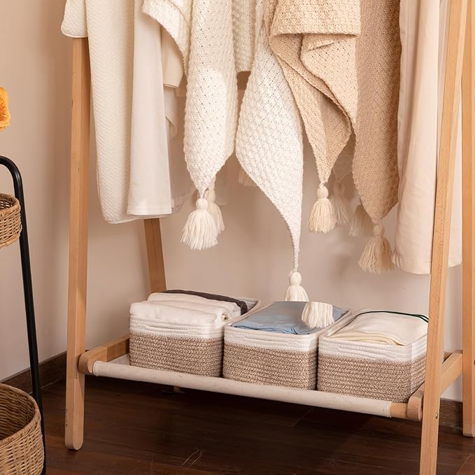 3 Pack Small Storage Baskets for Organizing, Cute Woven Decorative Gift Baskets for Shelves, Mini Closet Organizer Bins with Handles, 11.81''Lx7.87''Wx4.72''H-Brown and White-Ruum Studio Home