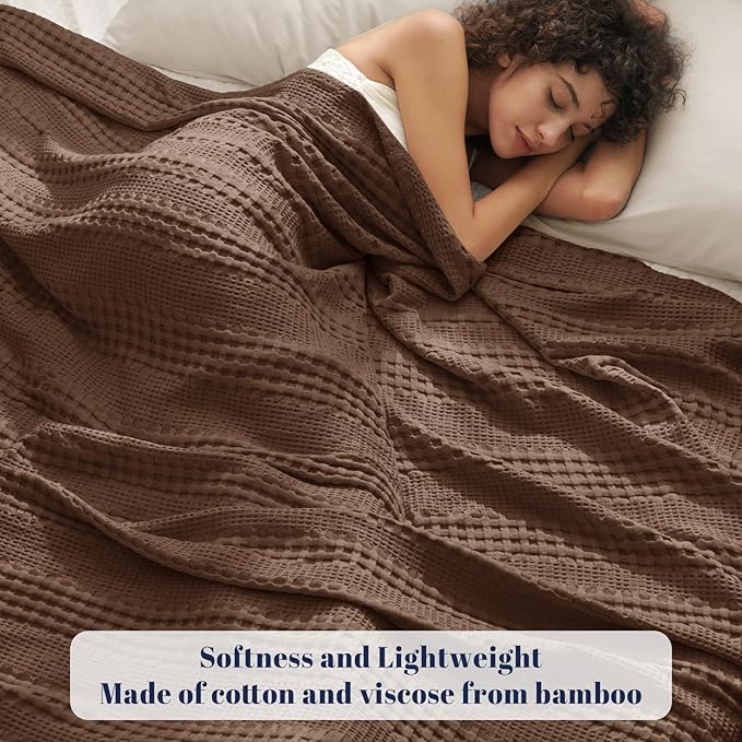PHF Cooling Waffle Blanket Queen Size, Lightweight 60% Rayon Derived from Bamboo & 40% Cotton Breathable Blanket for Hot Sleepers, Soft and Luxury for Bed Couch and Sofa, 90"x90", Cocoa Brown-Ruum Studio Home