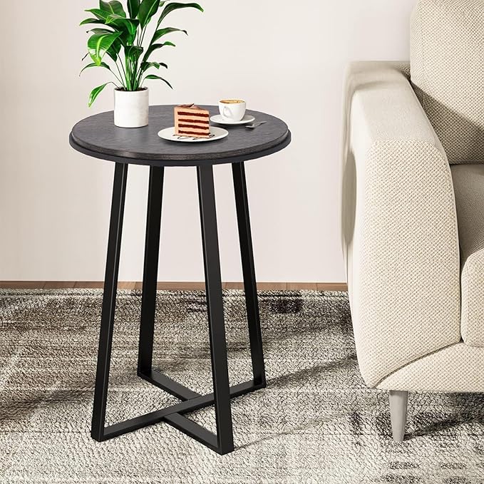 Round End Table, Small Side Table Grey Color MDF Top, Metal Frame Black, Tall End Side Table for Bed Room, Coffee Tea End Table for Living Room(Round Grey)-Ruum Studio Home
