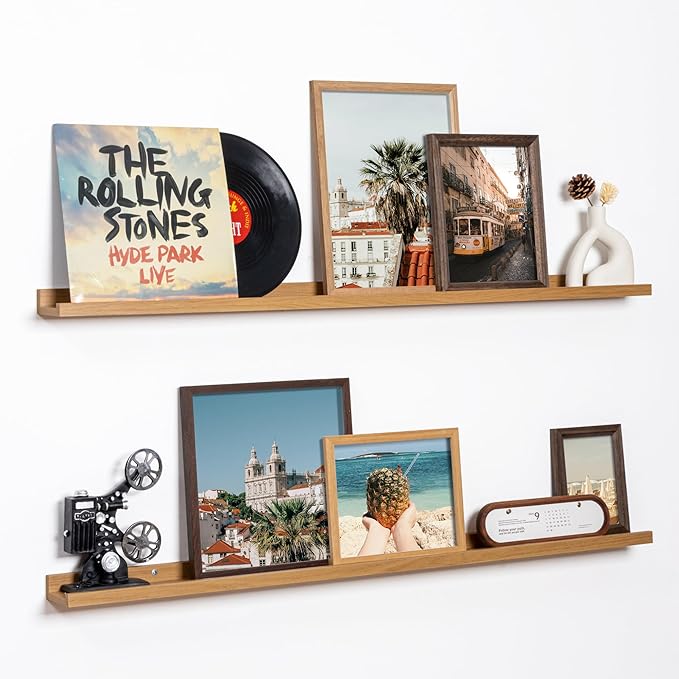 Fun Memories Picture Ledge Shelf, 48 Inch Floating Shelves Set of 2, Large Nursery Book Shelves for Toys Storage, Kids Bookshelf Wall Mounted for Wall Decor Books Photo Frames, Oak-Ruum Studio Home