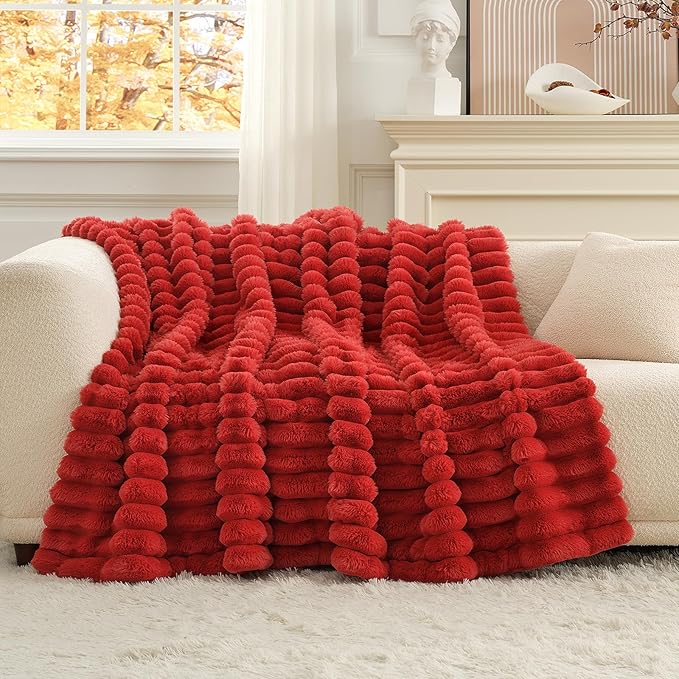 Cozy Bliss Faux Fur Throw Blanket for Couch, Cozy Warm Plush Striped Blanket for Sofa Bedroom Living Room,60 * 80 Inches Cardinal Red-Ruum Studio Home