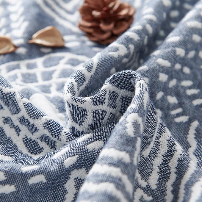 JINCHAN Boho 100% Cotton Muslin Blanket 3-Layer Twin Size Geometric Lightweight Reversible Soft Cozy Throw for Couch Sofa Bed All Season Coverlet Ideal Gift Bedroom Living Room Decor Blue 60x80 Inches-Ruum Studio Home