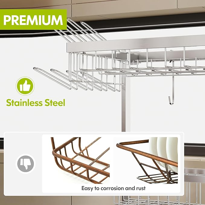 2 Tier Extra Large Stainless Steel Expandable Over The Sink Dish Drainer Drying Rack, Rust Proof Metal, Space Saving, Modern Silver Big Capacity Extendable Plate Strainers Above Kitchen Counter-Ruum Studio Home