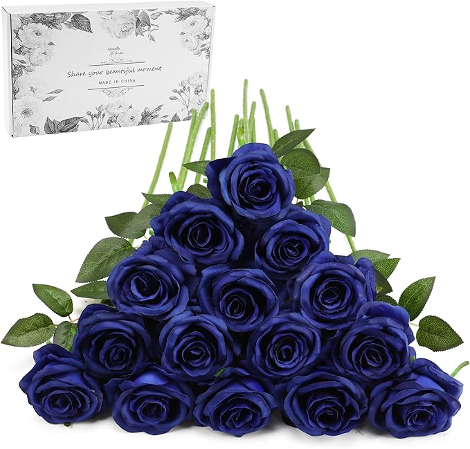 Blue Fake Roses Artificial Flowers - 16 Pcs Fake Artificial Roses Silk Flowers with Stems for Home Wedding Hotel Office Centerpiece Decor（Navy Blue）-Ruum Studio Home