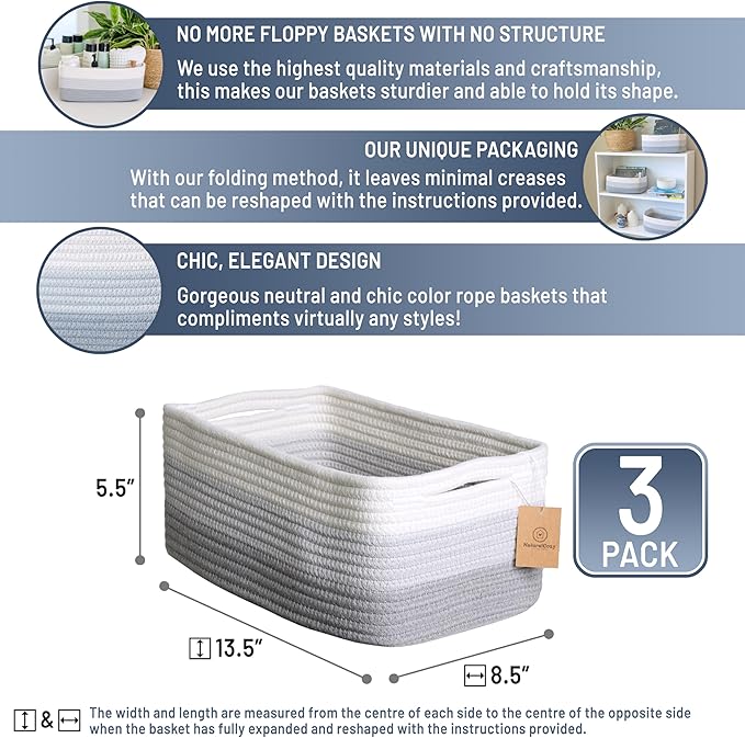 NaturalCozy 13.5”x8.5”x5.5” Rectangle Storage Baskets for Shelves 3 Pack | Cotton Rope Woven Small Baskets for Organizing | Small Storage Bins for Nursery, Bathroom, Closet, Shelf, Decorative-Ruum Studio Home