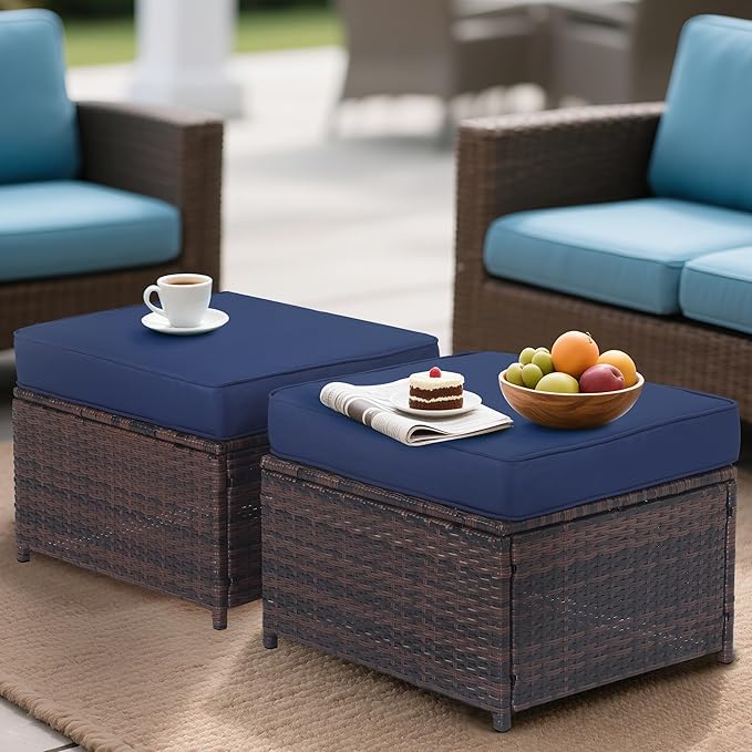 Outdoor Ottoman Rattan Footstool - Patio Ottomans with Removable Cushion, All-Weather PE Wicker & Steel Frame for Poolside, Garden Outdoor Furniture,23.6 x 21.7 x 17.8 inches, Brown-Ruum Studio Home