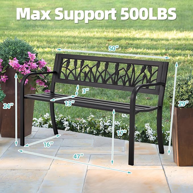 AVAWING Outdoor Bench, 2-Person Garden Benches for Outside, Metal Frame Patio Seating with Floral Pattern Backrest, Armrests for Lawn, Park, Porch, Entryway, Black-Ruum Studio Home