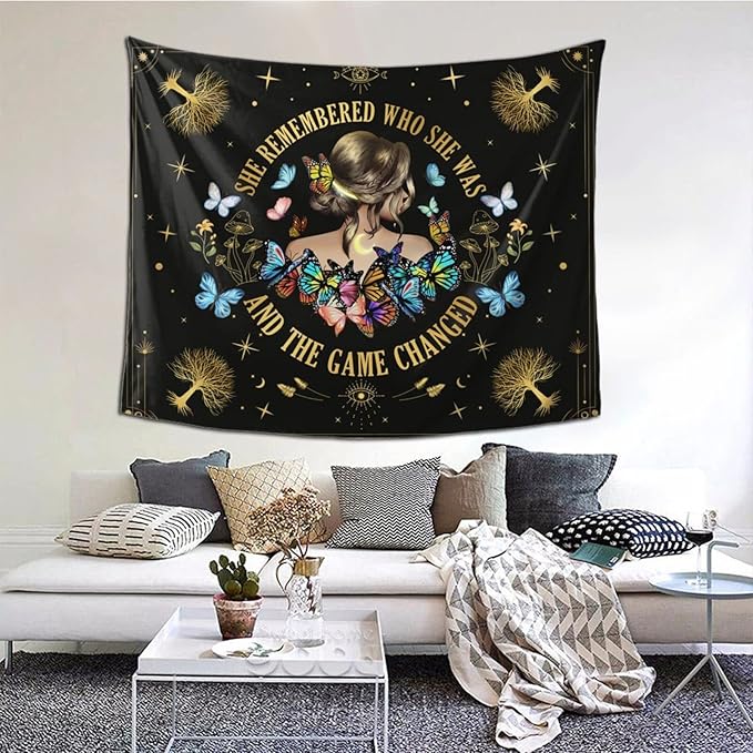 Bapcoku She Remembered Who She Was And The Game Changed Positive Quotes Tapestry Inspirational Gift Wall Decor for Bedroom,Uplifting Encouragement Gifts Butterfly Gifts for Women Teens Girls 60x50in-Ruum Studio Home