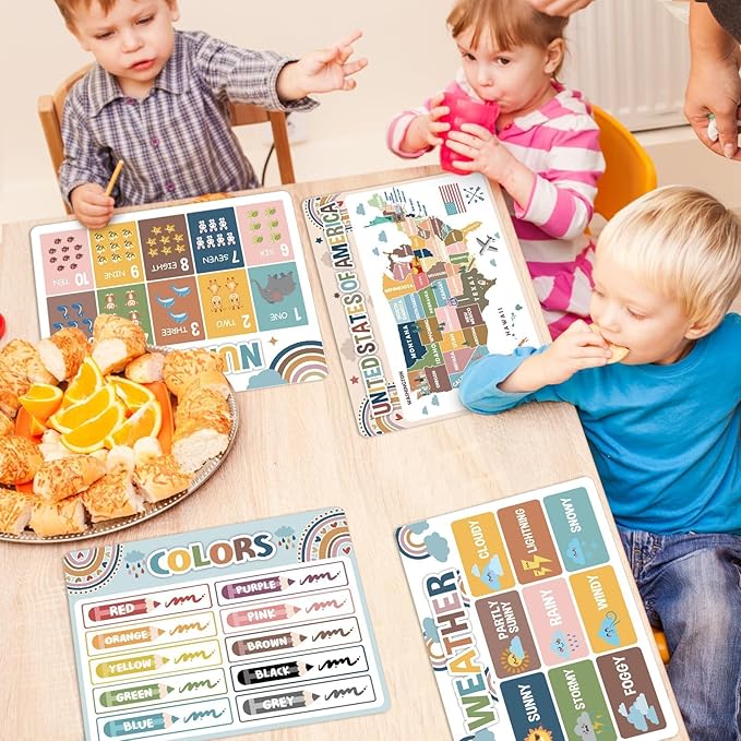 Educational Preschool Kids Placemats Set of 6 Boho Plastic Table Mats Toddler Children Montessori Place Mats for Kids Washable Holiday Desk Decoration for Indoor Outdoor Party Kitchen Dining Table-Ruum Studio Home