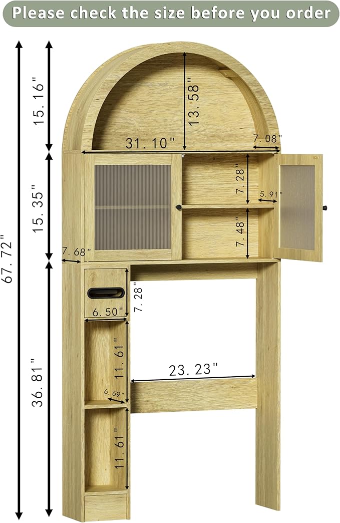 Over The Toilet Storage Cabinet, 31''W Arched Space-Saving Bathroom Organizer with Adjustable Shelf and Acrylic Doors, Freestanding Over Toilet Cabinet for Bathroom, Laundry, Restroom (Oak Wood)-Ruum Studio Home