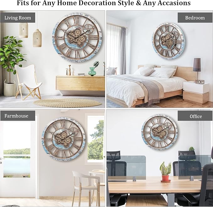 HOIBAI Large Wall Clock, Wall Clocks for Living Room Decor 20 Inch Farmhouse Vintage Rustic Kitchen Wall Decor Vintage Roman Oversized Wall Clock for Home Bedroom House Office, Moving Gears Clock-Ruum Studio Home