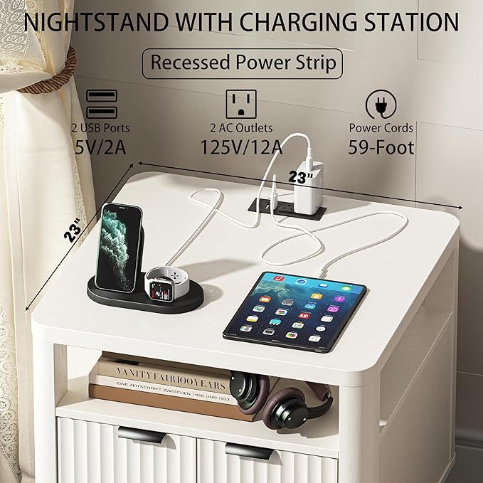 Nightstand with Charging Station, 24" End Table Side Table with Open Shelf, Modern Large Wood Fluted Bedside Cabinet for Bedroom, Living Room, White-Ruum Studio Home