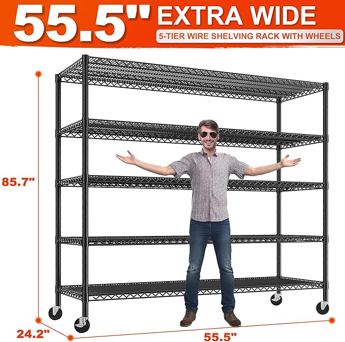 REIBII 85.7" H Storage Shelves 2998LBS Metal Shelving Unit with Wheels & Feet, 5 Tier Garage Shelving Heavy Duty Adjustable Wire Shelf for Pantry Kitchen Garage, 85.7" H X 55.5" W X 24.2" D, 2PCS-Ruum Studio Home