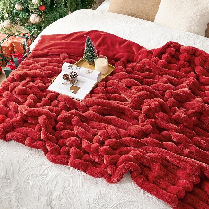 Cozy Bliss Faux Fur Throw Blanket for Couch, Cozy Warm Plush Striped Blanket for Sofa Bedroom Living Room,60 * 80 Inches Cardinal Red-Ruum Studio Home