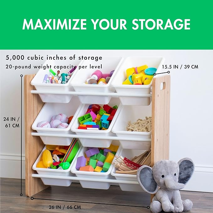 Humble Crew 9-Bin Toy Organizer – Journey Natural Wood with White Plastic Bins, 3-Tier Storage Solution for Kids' Playrooms and Nurseries-Ruum Studio Home