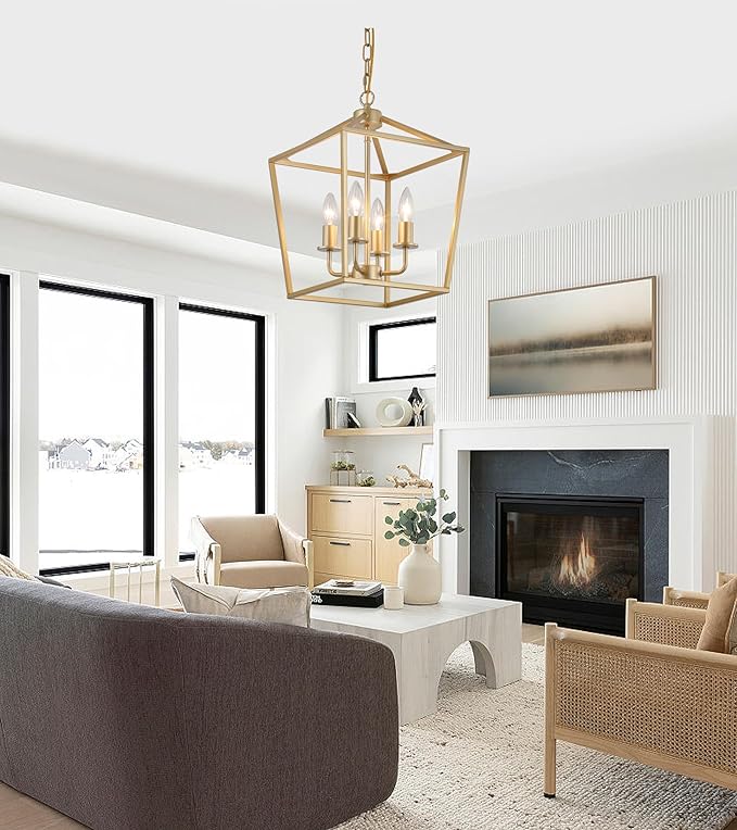 Industrial 4 Lights Chandelier, Gold Lantern Ceiling Light Fixtures with Rustic Metal Cage Adjustable Height Farmhouse Geometric Hanging Light for Kitchen Island, Dining Room, Entryway, UL Listed-Ruum Studio Home