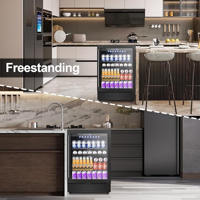 24 Inch Beverage Refrigerator, 5.2 Cu. Ft. Drink Refrigerator with Glass Door, 200 Cans Under Counter & Freestanding Drink Fridge, Reversible Door, Built-In Beverage Cooler for Kitchen, Bar or Office.-Ruum Studio Home