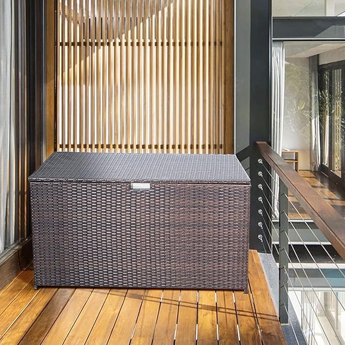 Super Patio Wicker Outdoor Patio Storage Box Waterproof, 120 Gallon Large Deck Box Rattan Storage Bin for Cushions, Garden Tools, Pool, Brown-Ruum Studio Home