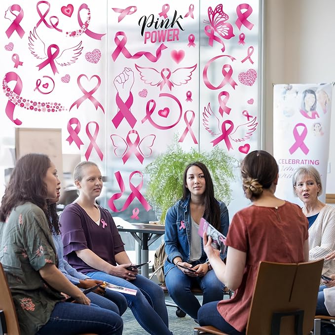 9 Sheets Breast Cancer Awareness Window Clings, 77 Kinds of Pink Window PVC Stickers for Pink Ribbon Decorations, Hope Fight Cancer Theme Windows Decals for Glass Home Decor Supplies-Ruum Studio Home