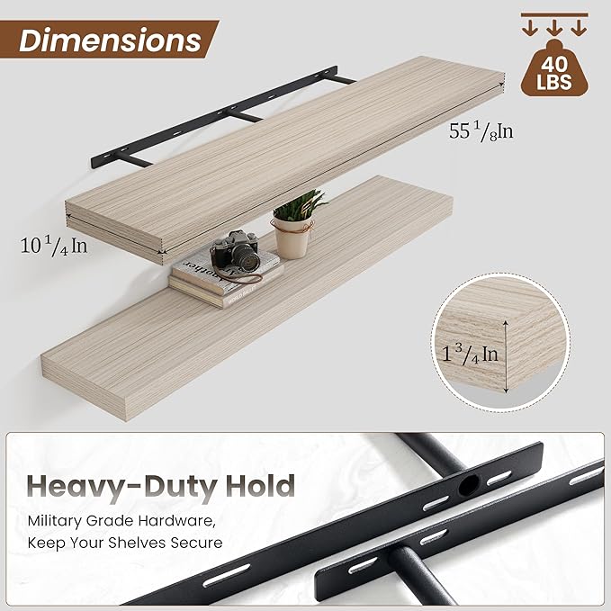 Heimlove 55 Inch Floating Shelves for Wall,10 Deep Large Grey Floating Shelf with Heavy Duty Brackets,Wall Shelf Mounted Storage & Display Shelves for Bedroom,Living Room,Kitchen,Office-Ruum Studio Home