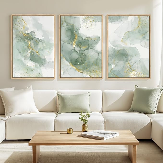 Large Framed Sage Green Abstract Wall Art for Living Room, 3 Piece Green and Gold Canvas Prints Paintings Artwork for Walls, Modern Minimalist Pictures for Hallway Stair Office Wall Decor 24x36 In-Ruum Studio Home