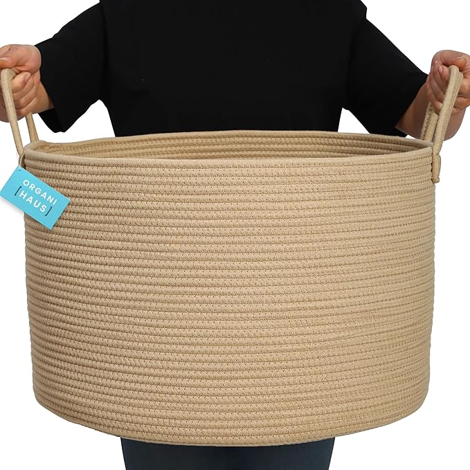 OrganiHaus Large Laundry Basket, Woven Cotton Rope Basket for Blankets, Toy Storage, Nursery Hamper, Living Room Decor Organizer, Soft & Durable Hamper with Handles, 20x13 inches - Honey-Ruum Studio Home