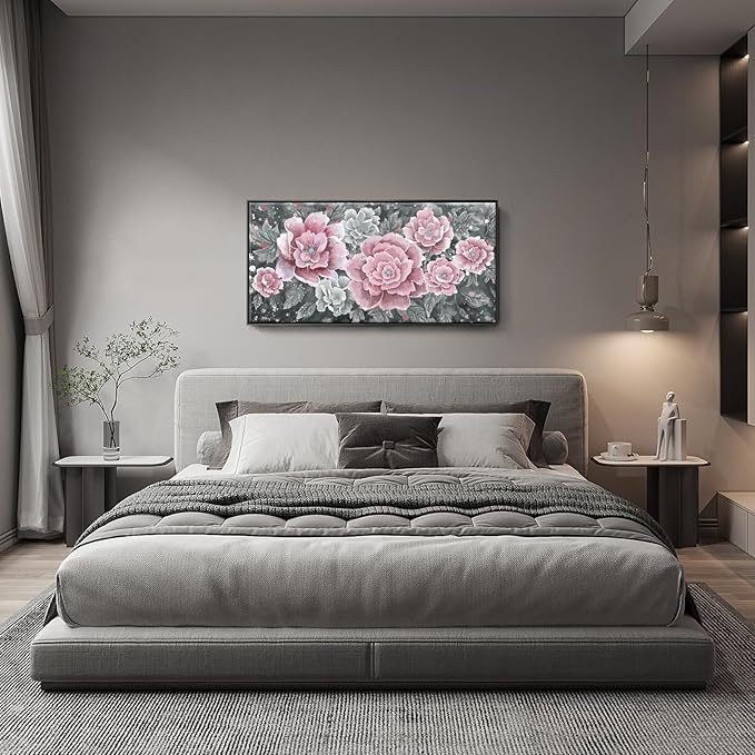 Large Pink Wall Art for Living Room- Pink and Black Peony Floral Canvas Wall Art Modern Framed Moody Black and White Wall Picture Flower Artwork Decor for Bedroom Dining Room Office 48x24-Ruum Studio Home