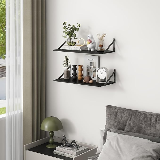 Deep Floating Shelves, 12 Inch Deep Floating Shelves for Wall, 24"W x 12"D Wall Shelves for Books, Rustic Black Wooden Shelves, Large Wide Display Shelf for Bathroom, Living Room, Bedroom, Set of 2-Ruum Studio Home