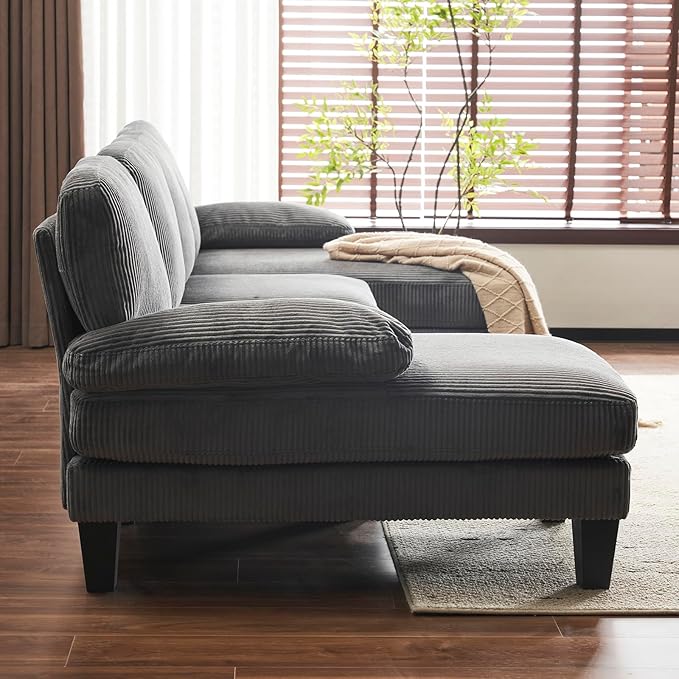 Karl home U-Shape Sectional Sofa Couch 111" Modern 4-Seat Sofa with Chaises Corduroy Fabric Upholstered Covertible Couch with Wood Grain Legs for Living Room, Reception Room, Apartment, Dark Gray-Ruum Studio Home