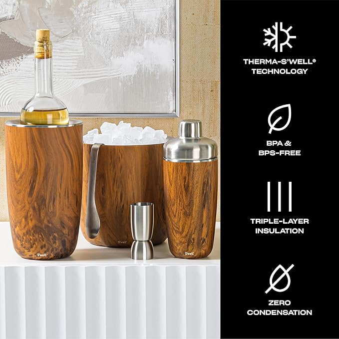 S’well Stainless Steel Ice Bucket with Tongs, 68oz Capacity, Teakwood Finish, Triple-Layer Vacuum Insulated to Keep Ice Colder Longer, BPA-Free Barware-Ruum Studio Home