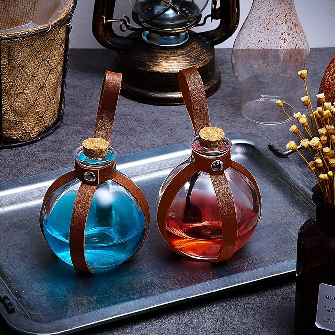 Patelai 2 Pcs Halloween Glass Potion Bottles with Belt Cork Renaissance Witch Costume Accessories Witch Props Potion Bottle for Halloween Party Decor Cosplay DIY Crafts Gift (Brown)-Ruum Studio Home
