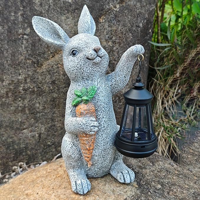 Garden Statues Rabbit Solar Lantern Outdoor Handmade Resin Statue Bunny with Cute Carrot for Patio, Yard,Mother's Day Gift Ideas (rabbit1)-Ruum Studio Home