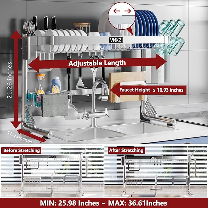 VNKZI Over Sink Dish Drying Rack, 2 Tier Full Stainless Steel Storage Adjustable Length (25.98'' to 36.61'') Kitchen Rack, Multifunctional Expandable Counter Organizer, Space Saver Dish Rack-Ruum Studio Home