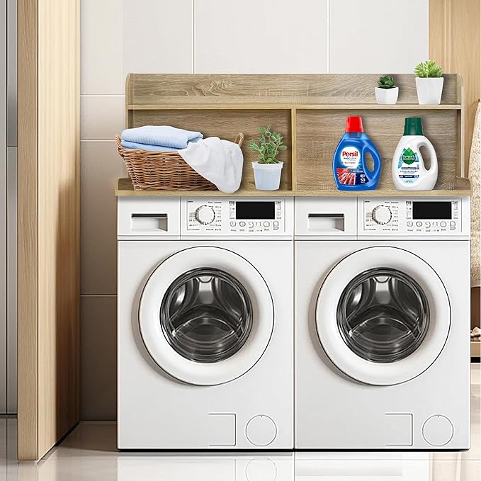Royxen 2-Tier Washer Dryer Countertop,19.5"H Wood Washer and Dryer Topper with Shelf,Laundry Countertop Over Washer and Dryer, Universal Fit for Laundry Room Organization (White Oak, 54"W X 27.5"D)-Ruum Studio Home