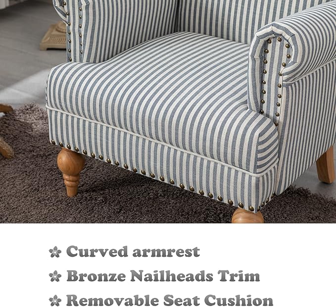 chairus Linen Accent Chair for Living Room Upholstered Mid Century Modern Single Sofa Chair with Solid Wood Legs Comfy Reading Chair Armchair for Bedroom/Office Room/Recption/Lounge, Blue Stripe-Ruum Studio Home
