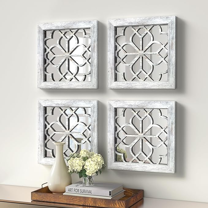4pcs Farmhouse Wall Mirror with Carved Floral Design -Rustic Mirror Decor for Home, 12x12 inch(Grey)-Ruum Studio Home
