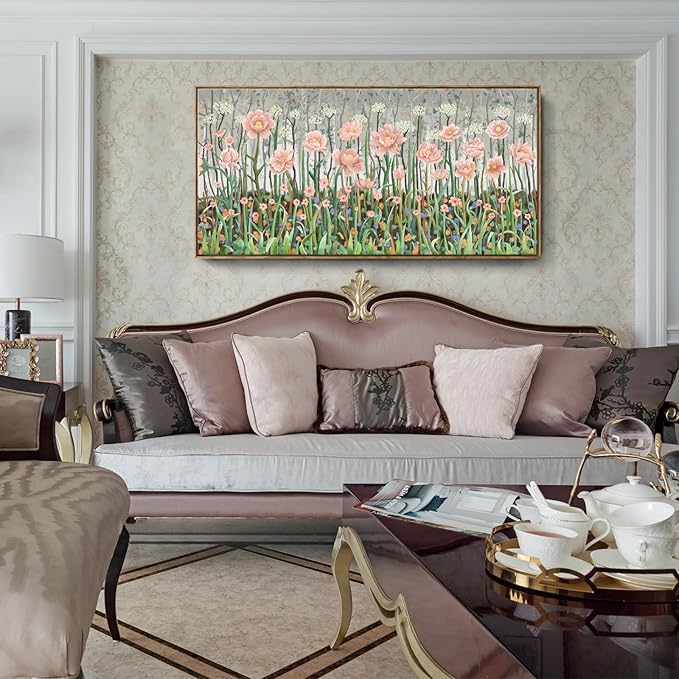 amatop Framed Large Floral Wall Art Modern Botanical Canvas Print Flower Field Wall Decor Abstract Landscape Picture Blooming Flower Forest Pink Green Artwork for Living Room Bedroom Office 48x24 in-Ruum Studio Home