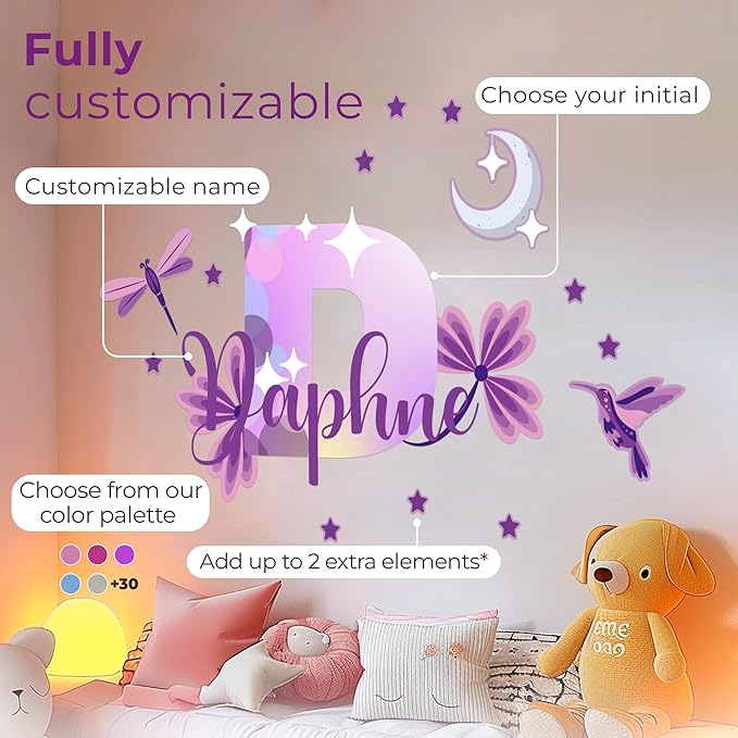 CRYPTONITE Custom Stickers Name Wall Decor with Purple Flower | Custom Name & Initial for Purple Wall Decor | Flower Wall Decals for Bedroom Decor I Custom Decal for Baby Girl Nursery Decor(E. Floral)-Ruum Studio Home