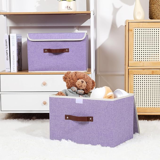 ANMINY 2PCS Storage Bins with Lid PU Leather Handles Storage Boxes PP Plastic Board Decorative Foldable Lidded Cotton Linen Fabric Home Cubes Baskets Closet Organizer Containers - Purple, Large Size-Ruum Studio Home