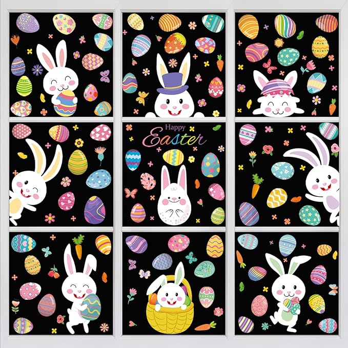 DC-BEAUTIFUL 184 PCS Easter Window Clings, 9 Sheets Double Sided Bunny Egg Easter Decoration Window Stickers, Reusable Static Holiday Window Decals for Home Office School Shop Spring Party Decors-Ruum Studio Home